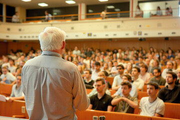 Back view of mature professor giving lecture to large group of college students in the classroom