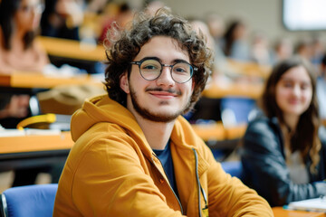 Obraz premium Happy university student going on a class at the university and looking at camera