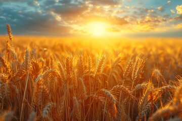 Obraz premium A breathtaking view captures the golden hour over a wheat field, exuding warmth and the bounty of harvest season