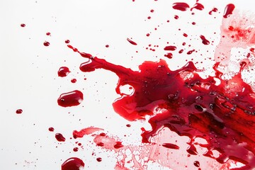 Red blood stains are smeared on a white background