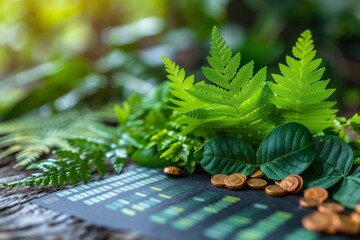 Assorted green foliage overlying a financial stock market graph, representing investment growth and eco finance concepts