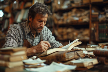 An artisan engrossed in restoring books in a cluttered, vintage workshop full of antique tomes and tools