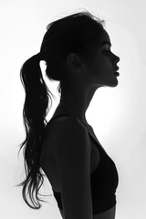Silhouette of Grace: Woman with Long Ponytail in Monochrome. Generative AI.

