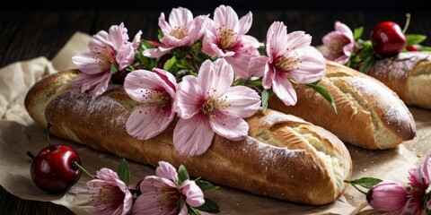   Two slices of bread adorned with pink blossoms and cherries rest on a sheet of wax paper positioned atop a wooden surface