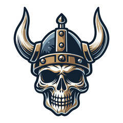 Viking head skull in helmet with horn design illustration, Nordic Scandinavian warrior, suitable for t-shirt, tattoo, logo design. Vector template isolated on white background