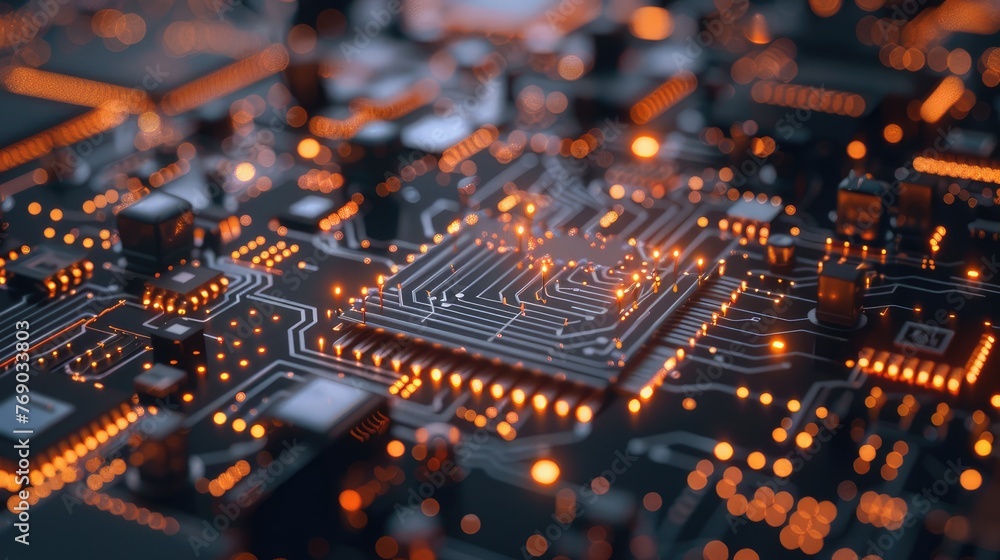Poster close-up view of a modern gpu card with circuit and colorful lights and details 3d rendering