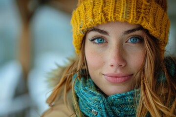 Beautiful young woman with striking blue eyes wearing winter clothes, with a focused and confident expression