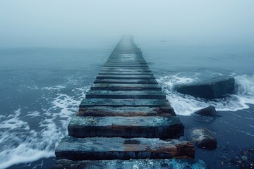 A tranquil scene of an old wooden pier extending into the ocean, shrouded in a misty atmosphere, with waves gently crashing on the shore - Powered by Adobe