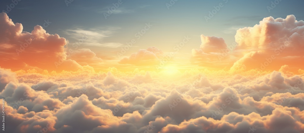 Poster the suns rays are breaking through the clouds in the sky, creating a beautiful orange afterglow in t