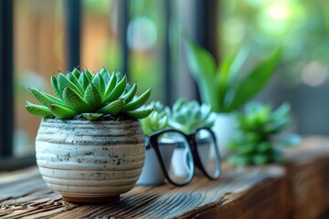 An elegant succulent plant in a textured ceramic pot rests on a wooden ledge beside a pair of glasses, blending nature with work