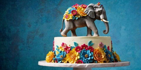   A blue background showcases a beautifully decorated cake, featuring flowers and an elegant elephant figurine atop a cake stand - obrazy, fototapety, plakaty