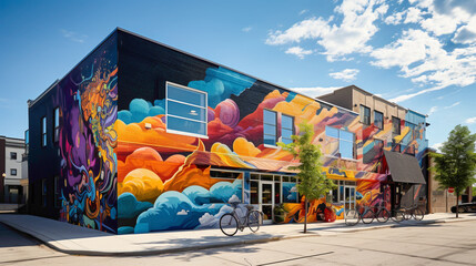 Layers of vibrant colors intertwine with graffiti-style lettering, creating a visually stimulating mural that adds an eclectic charm to the bustling streetscape. - obrazy, fototapety, plakaty