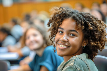 Happy college student during a lecture in the classroom looking at camera