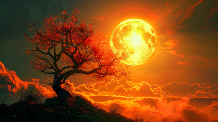 Tree silhouette against a fiery moonlit sky