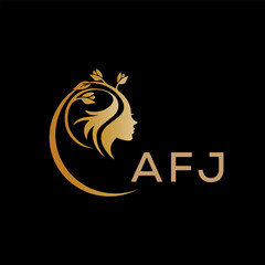 AFJ letter logo. beauty icon for parlor and saloon yellow image on black background. AFJ Monogram logo design for entrepreneur and business. AFJ best icon.	
