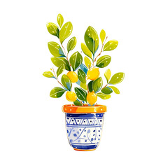Watercolor lemon tree in a pot PNG.