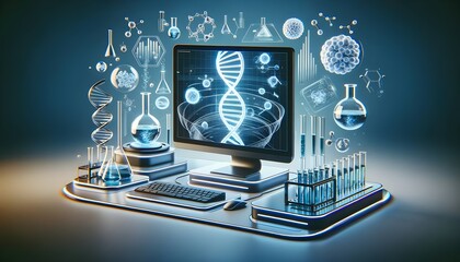 A holographic scientific display with 3D models of DNA, molecules, and cells floating above a modern workstation with lab equipment.

