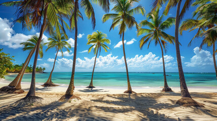 A picturesque view showcasing palm trees swaying against the backdrop of the sea at Bavaro Beach, located in Punta Cana, Dominican Republic. - obrazy, fototapety, plakaty