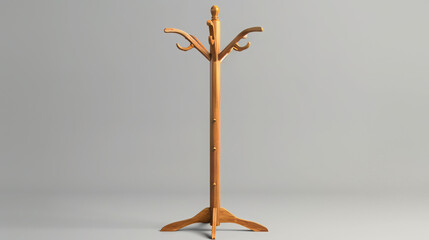 A wooden coat rack or hall stand, presented in isolation against a grey background. - obrazy, fototapety, plakaty