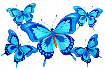 Set of beautiful blue butterflies white background