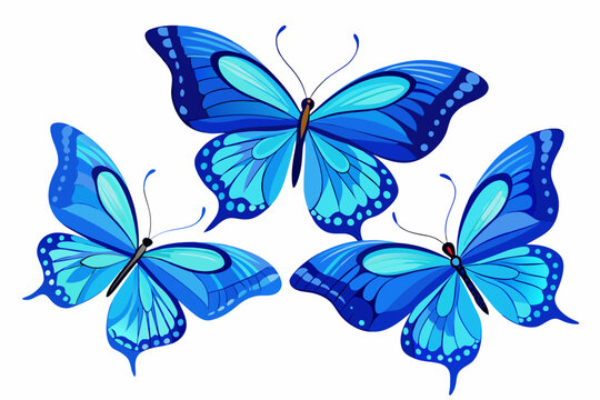 Set of beautiful blue butterflies white background