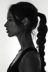 Fototapeta premium Silhouette of Grace: Woman with Long Ponytail in Monochrome. Generative AI.