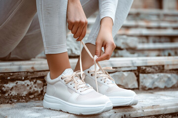 Woman in stylish sneakers tying shoe lace, closeup