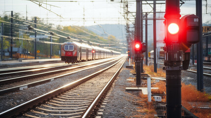 Red Traffic Lights Near The Railroad Tracks With The Passenger High Speed Train Coming  - obrazy, fototapety, plakaty