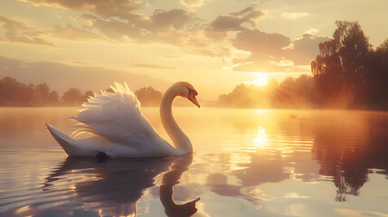 Graceful swan gliding majestically across a serene lake at sunset - obrazy, fototapety, plakaty