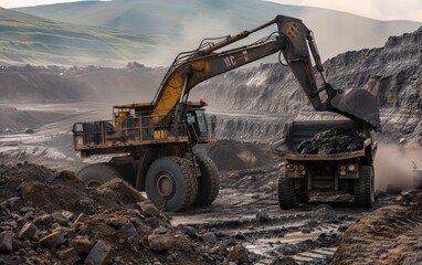 Heavy machinery at work in a vast, dark open-pit mine, excavating and transporting minerals.