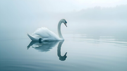 Graceful swan gliding serenely across tranquil lake surface