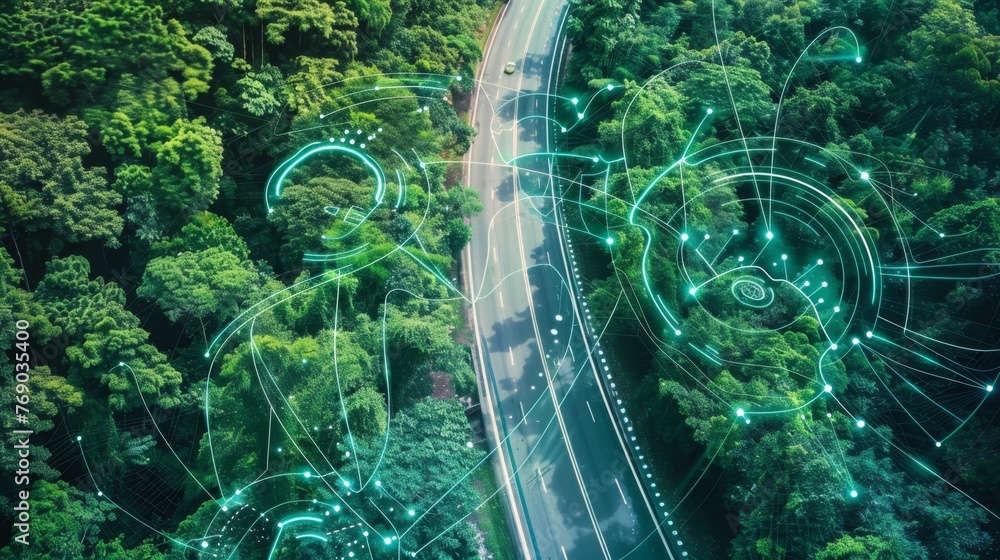 Aufkleber Aerial View of Smart Highway With Futuristic Traffic Technology