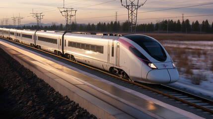 High Speed Train Going At Full Speed Among Snowy Fields In The Early Spring - obrazy, fototapety, plakaty