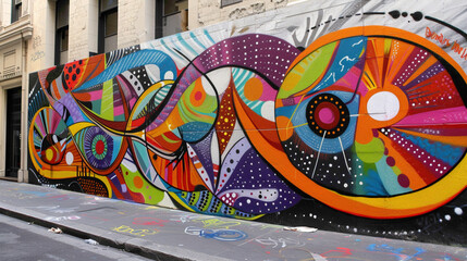 Street art featuring bold color splashes and abstract designs decorates the walls, their vivid hues popping against the clean white backdrop, adding a sense of creativity to the urban setting.