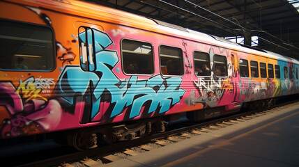 Passenger Train Cars Spray Painted With Graffiti Arts In Train Depot 