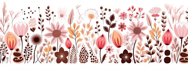 bright spring colors brown and white, pinknordic pattern white background with flower and flowers, floral backdrop with copy space