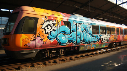 Passenger Train Locomotive Spray Painted With Graffiti Arts Is Parked In Train Depot 