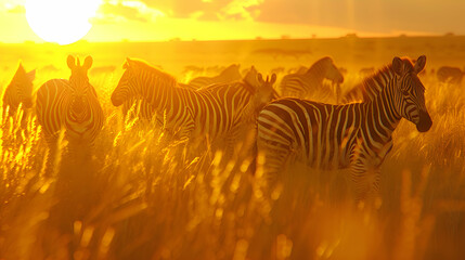 Fototapeta na wymiar Grazing herd of zebras under the golden sun