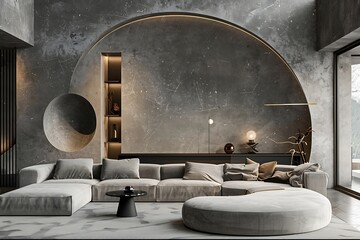 a round-shaped minimalistic grey villa living room with subtle tones and deformation art elements
