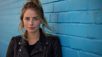 Portrait of a young woman with a serene expression, wearing a leather jacket, against a blue brick wall background.