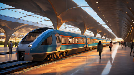 Blue High Speed Passenger Train Arrives At The Railway Station In Europe