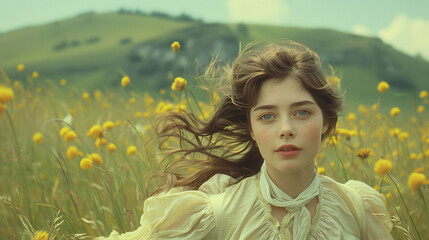 Naklejka premium Ethereal woman in a field of yellow flowers with windswept hair, embodying springtime freshness and natural beauty.