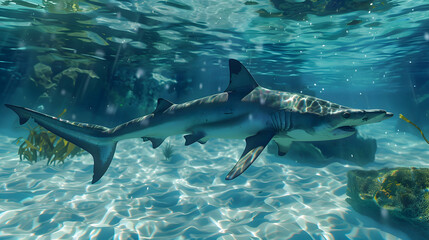 Hammerhead shark gliding through crystal-clear waters - obrazy, fototapety, plakaty