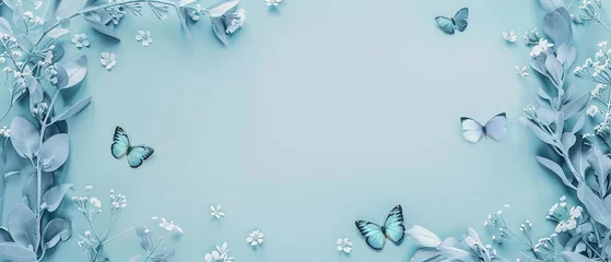 Selbstklebende Fototapete Schmetterlinge im Grunge pastel blue background copy space with minimalist flowers, butterfly and plants on the edges