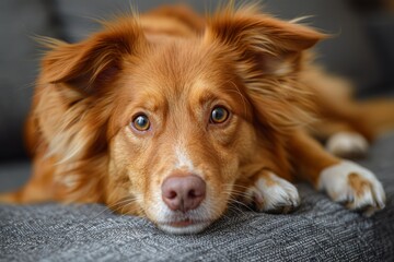 Close up of a reddish brown dog's face showing a soulful gaze, with a focus on its amber eyes and expressive face
