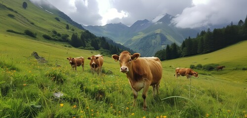 Fototapeta premium Cows grazing in a vibrant green field, with majestic mountains and a bright sky in the background.