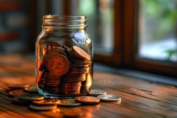 A glass jar filled with stacks of Bitcoin tokens and various coins on a wooden surface, suggesting investment and savings - obrazy, fototapety, plakaty