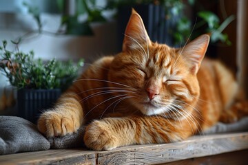A peaceful orange tabby cat dozing off on a wooden shelf with plants, embodying serenity
