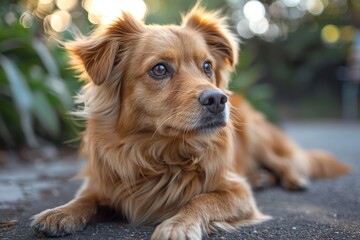 Close-up of a brown dog with a watchful gaze, lying down on pavement with blurred green background