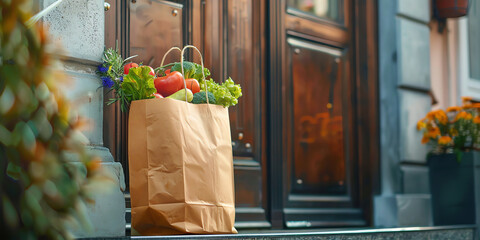 Paper bag with food delivery in front of house entrance. Grocery order delivered contact free. Takeout food left at door mat. Generative AI